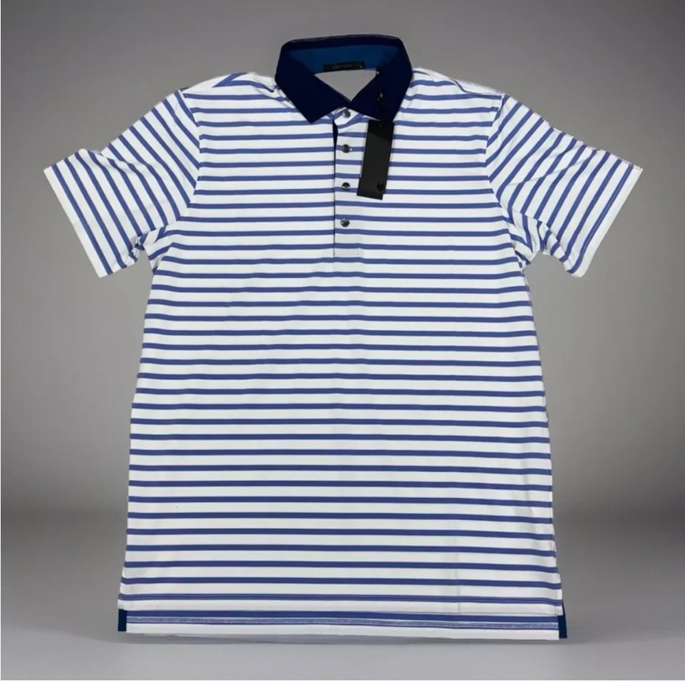 Greyson Blue and White Striped Polo Shirt